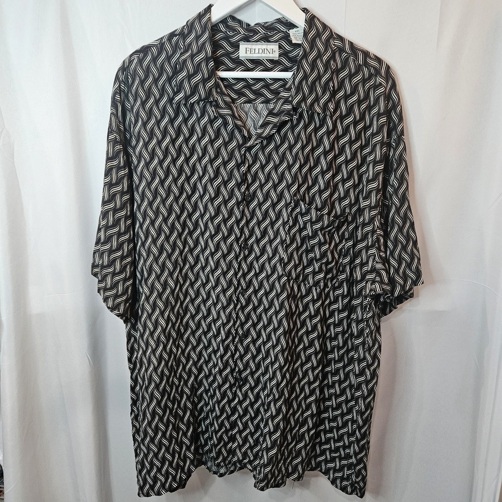 FELDINI Men's Sz XXL Rayon Geometric Short Sleeve Collared Button-Up 90's Grunge